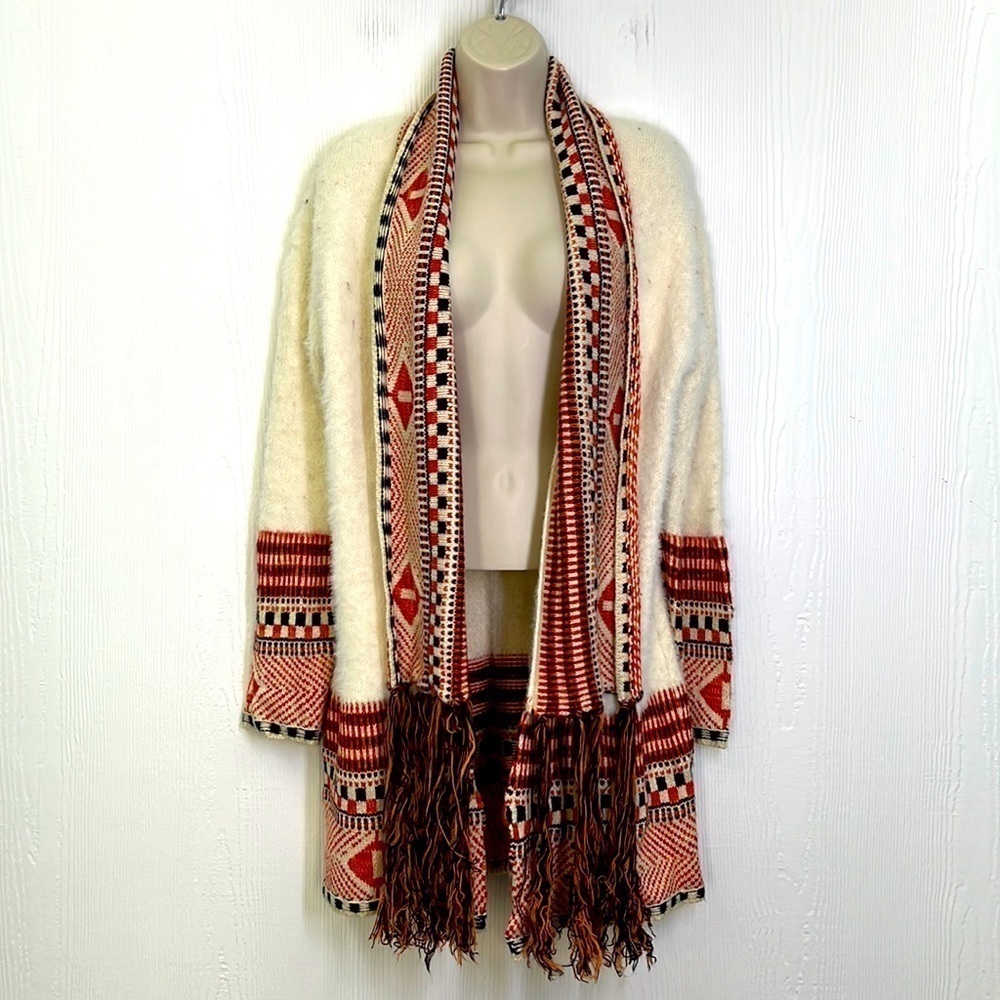 MAX SPORT - Ivory & Orange Long Boho Peruvian Fringe Beautiful Open Cardigan M